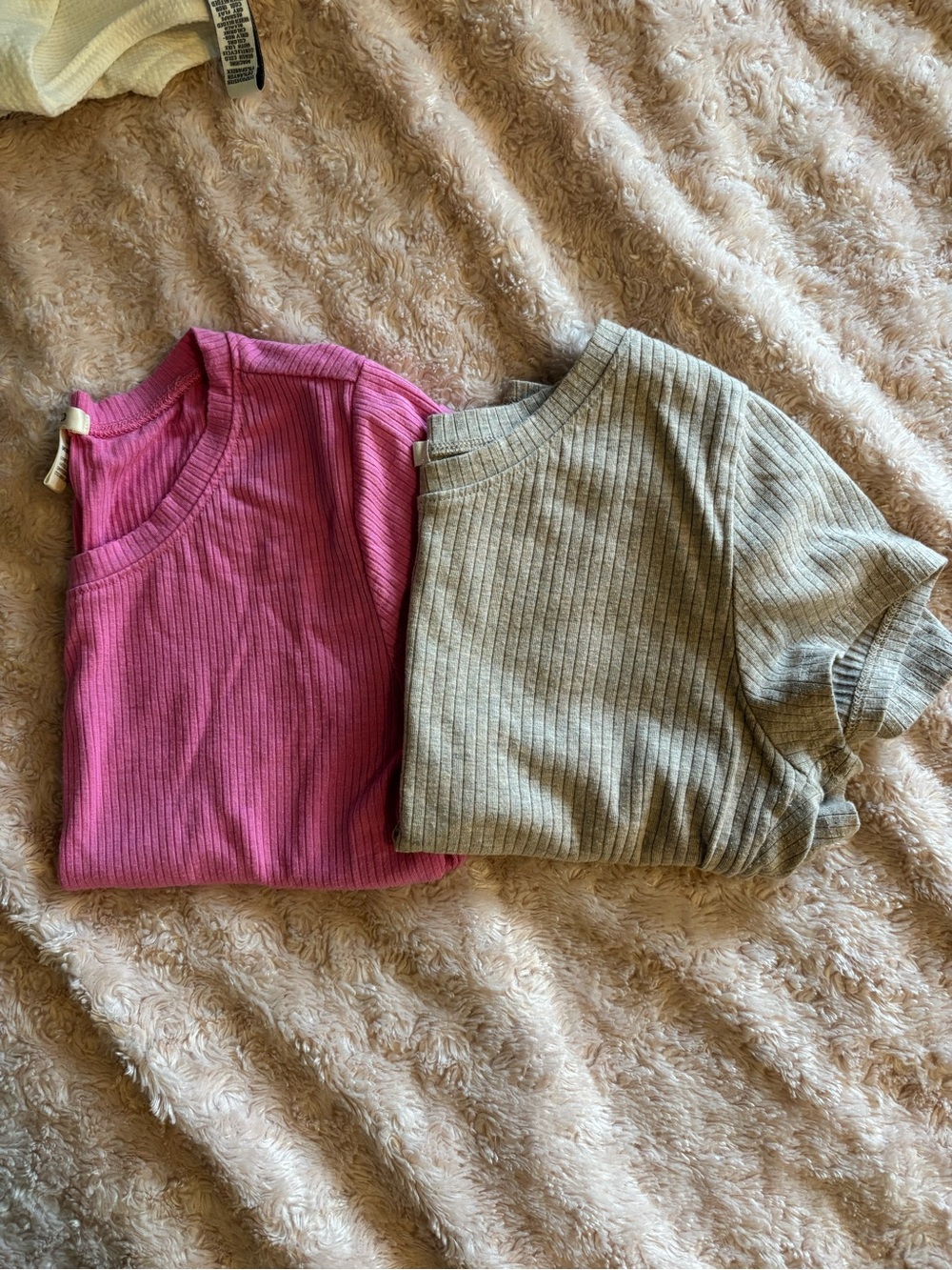 Two Bozollo Ribbed Short Sleeve Tops - Pink and Beige